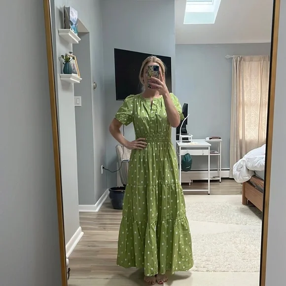 anthro green dress ANTHRO EXQUISE MERYL POLKA DOT MIDI DRESS main image 1
